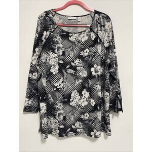 Susan Graver Top Womens 1X Black White Knit Floral Long Sleeve Trimmed Tunic